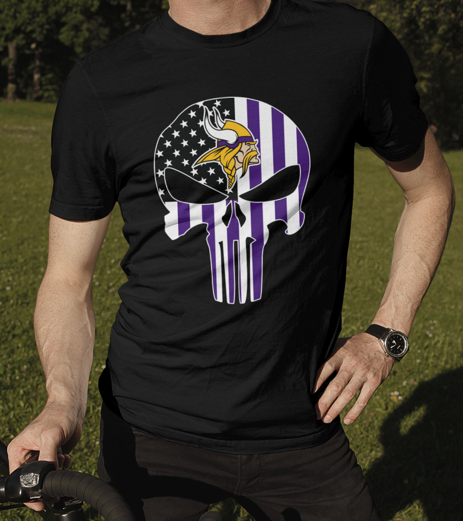 Minnesota Vikings Punisher American Flag Skull T-Shirt