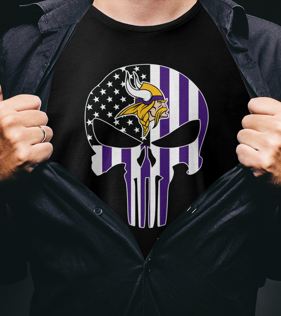 Minnesota Vikings Punisher American Flag Skull T-Shirt