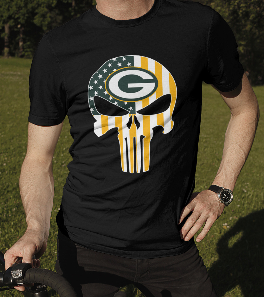 Green Bay Packers Punisher Skull American Flag T-Shirt