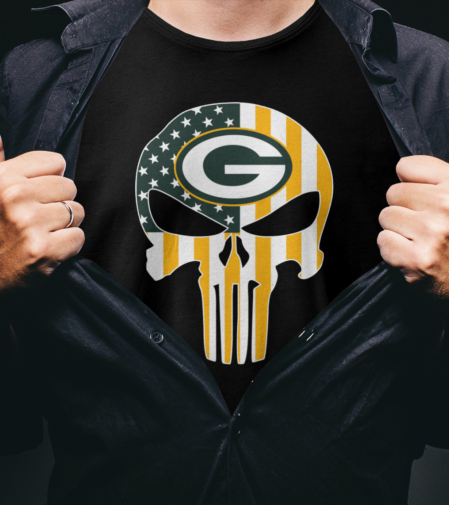 Green Bay Packers Punisher Skull American Flag T-Shirt
