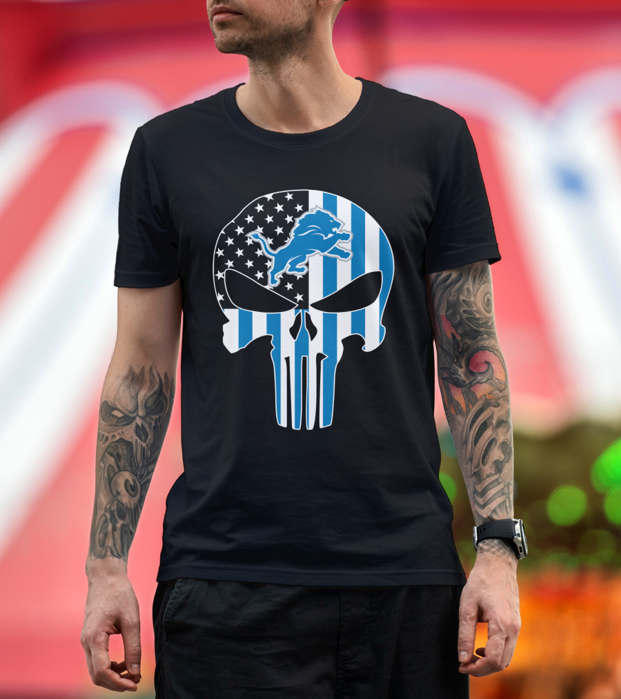 Detroit Lions Punisher Skull Logo American Flag T-Shirt
