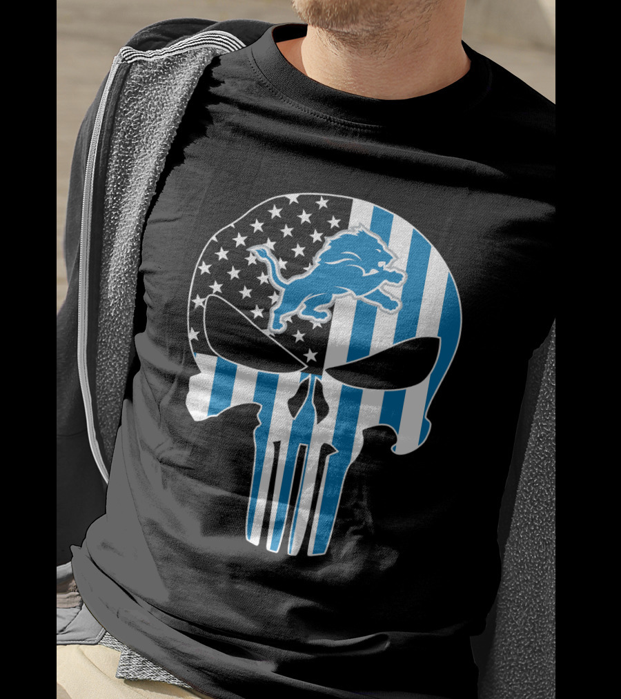 Detroit Lions Punisher Skull Logo American Flag T-Shirt