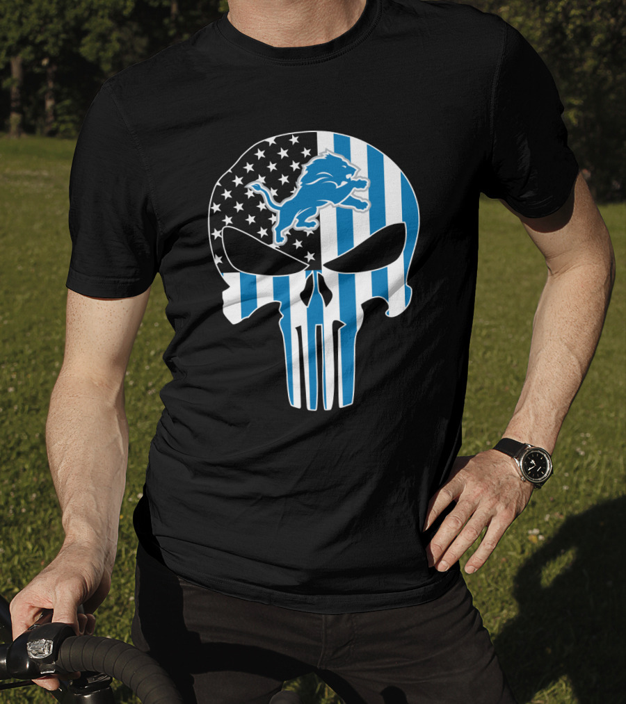 Detroit Lions Punisher Skull Logo American Flag T-Shirt
