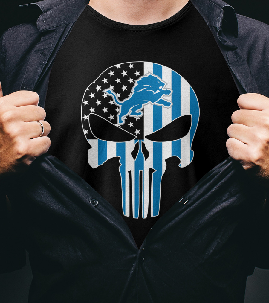 Detroit Lions Punisher Skull Logo American Flag T-Shirt