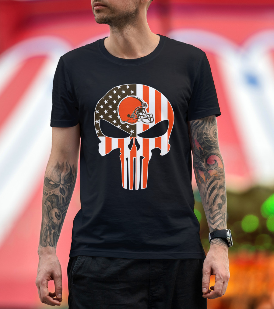Cleveland Browns Skull American Flag Helmet T-Shirt