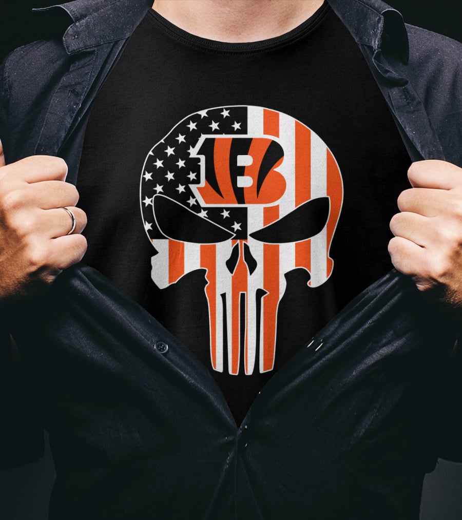 Bengals Skull American Flag Stripes T-Shirt
