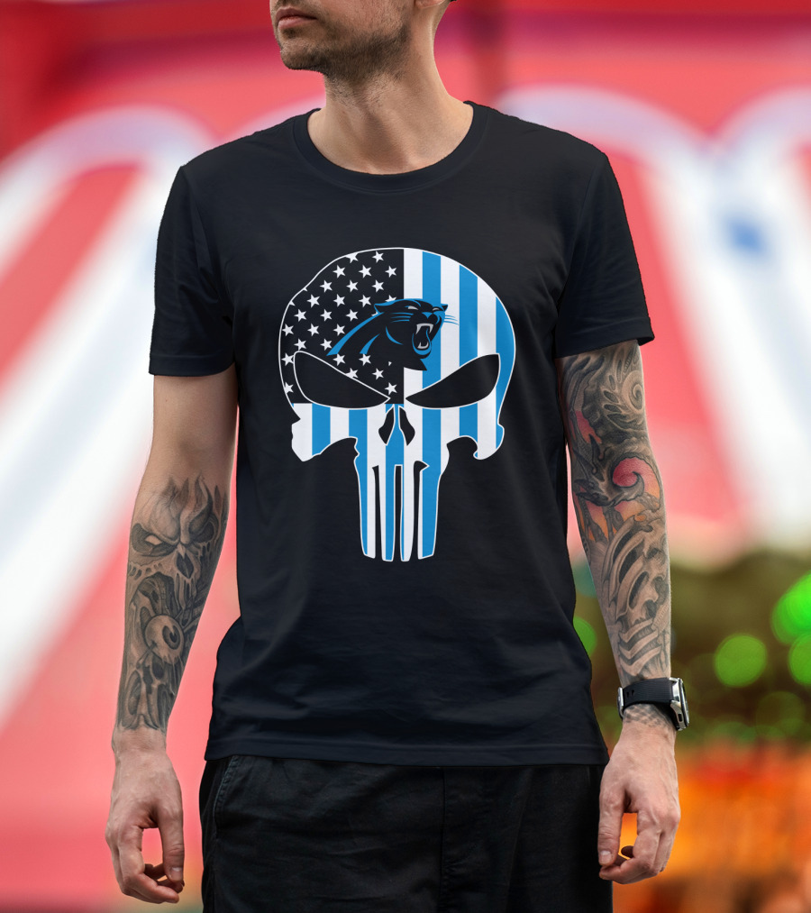 Carolina Panthers Punisher Skull American Flag T-Shirt