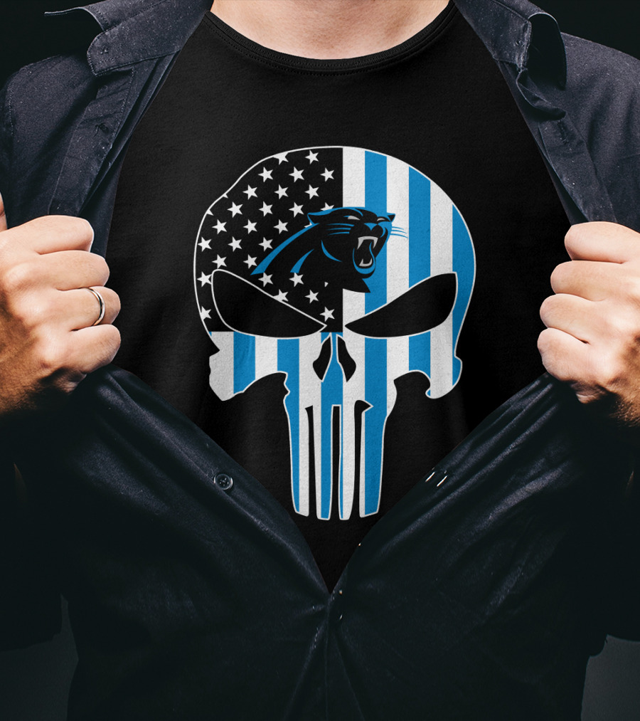 Carolina Panthers Punisher Skull American Flag T-Shirt