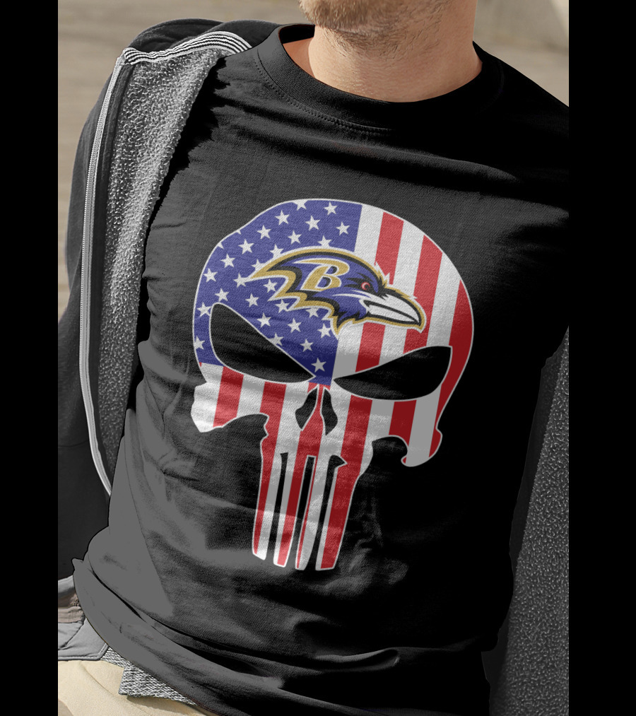 Ravens Skull American Flag Punisher Style T-Shirt