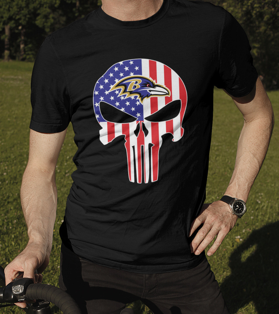 Ravens Skull American Flag Punisher Style T-Shirt