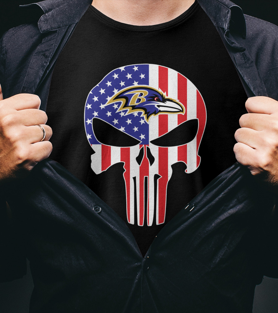 Ravens Skull American Flag Punisher Style T-Shirt