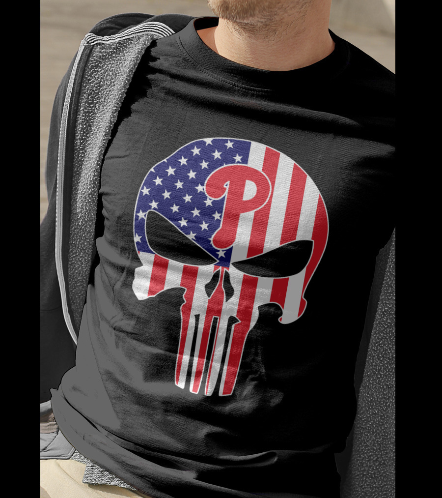 Phillies American Flag Punisher Style Skull T-Shirt