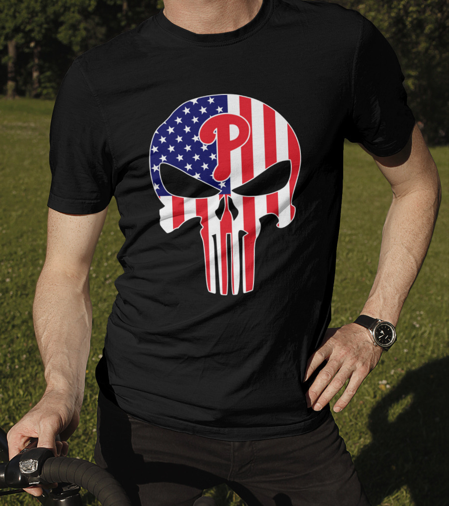 Phillies American Flag Punisher Style Skull T-Shirt