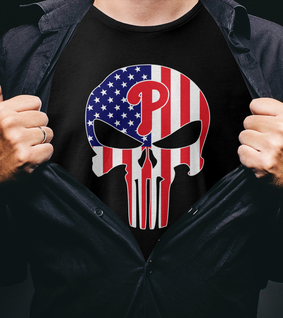 Phillies American Flag Punisher Style Skull T-Shirt