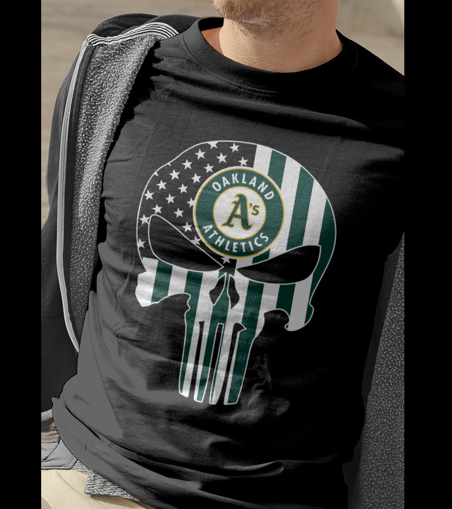 Oakland Athletics A's Skull American Flag T-Shirt