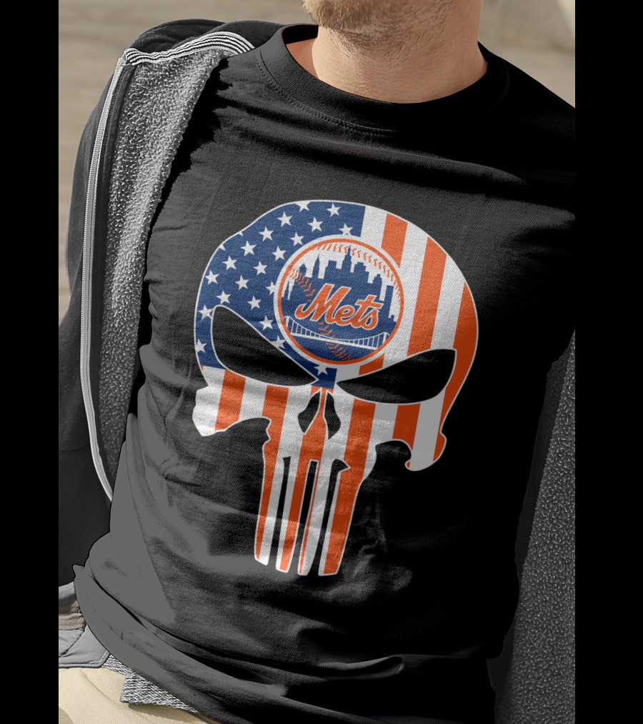 New York Mets American Flag Skull T-Shirt