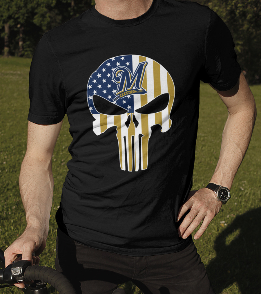 Milwaukee Brewers American Flag Skull T-Shirt