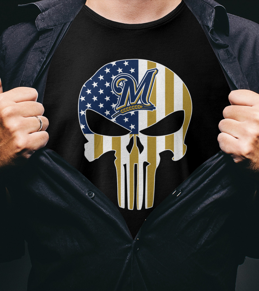 Milwaukee Brewers American Flag Skull T-Shirt