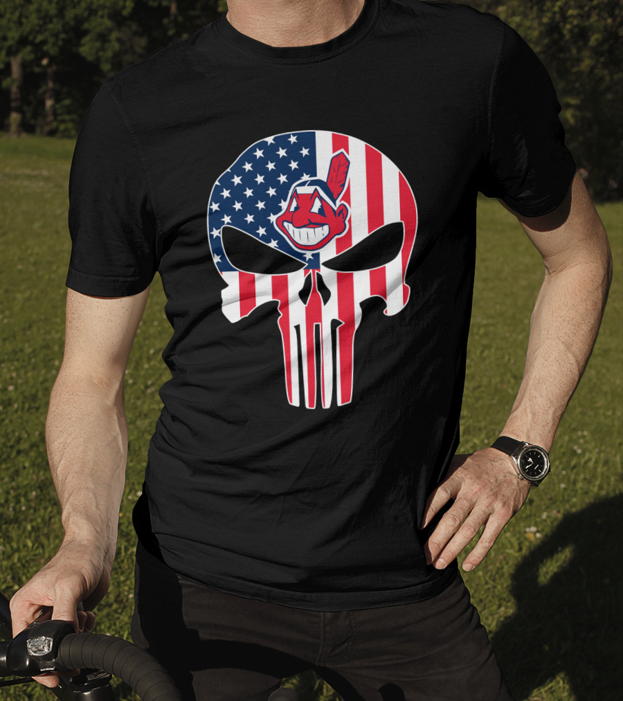 Cleveland Indians Punisher Skull American Flag T-Shirt