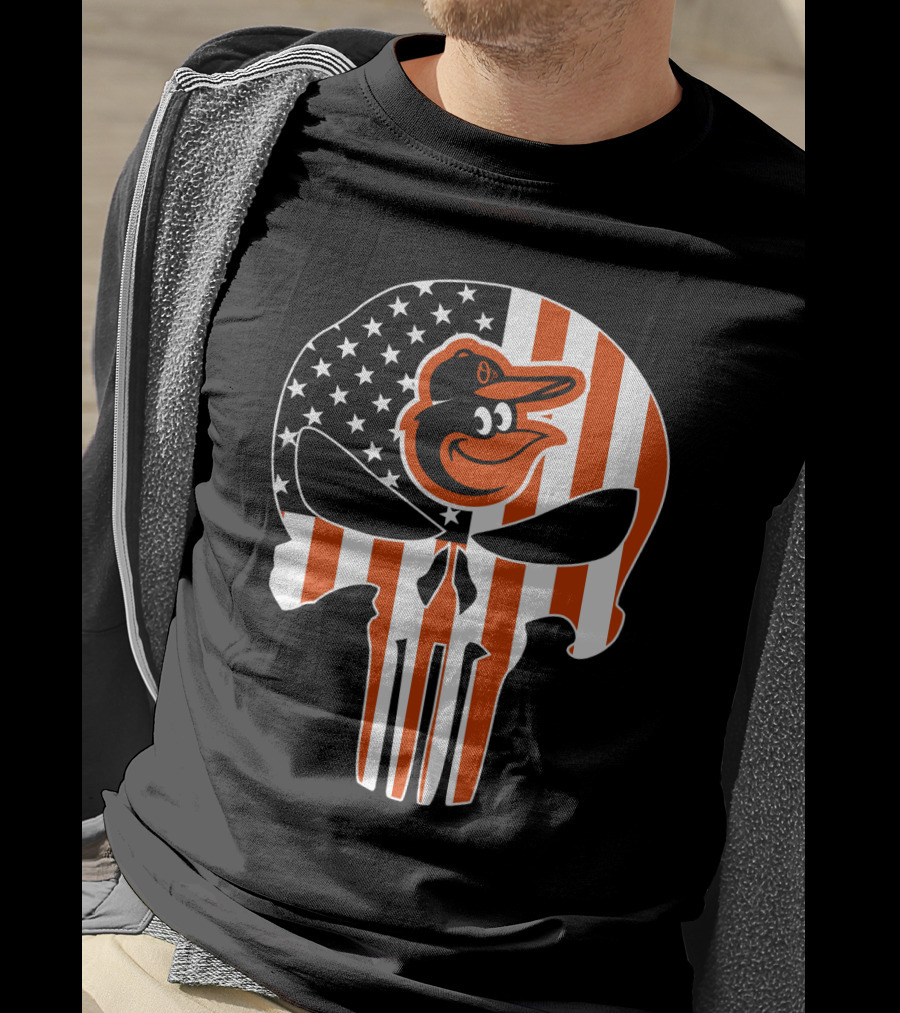 Baltimore Orioles Punisher Skull American Flag T-Shirt