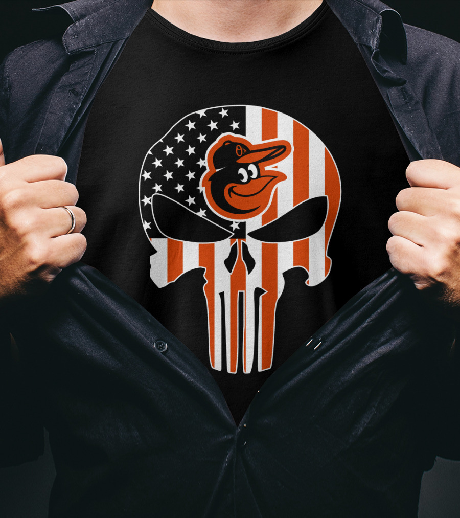 Baltimore Orioles Punisher Skull American Flag T-Shirt