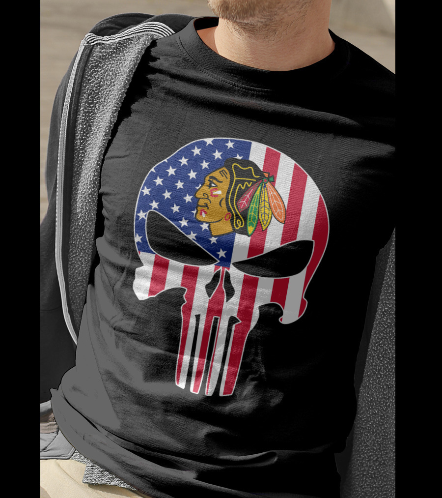 Chicago Blackhawks Punisher Skull American Flag T-Shirt