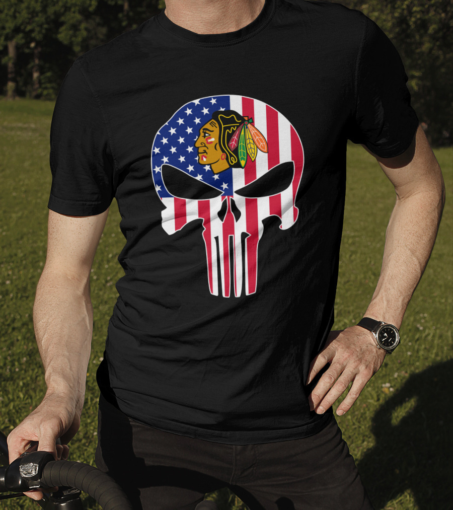 Chicago Blackhawks Punisher Skull American Flag T-Shirt