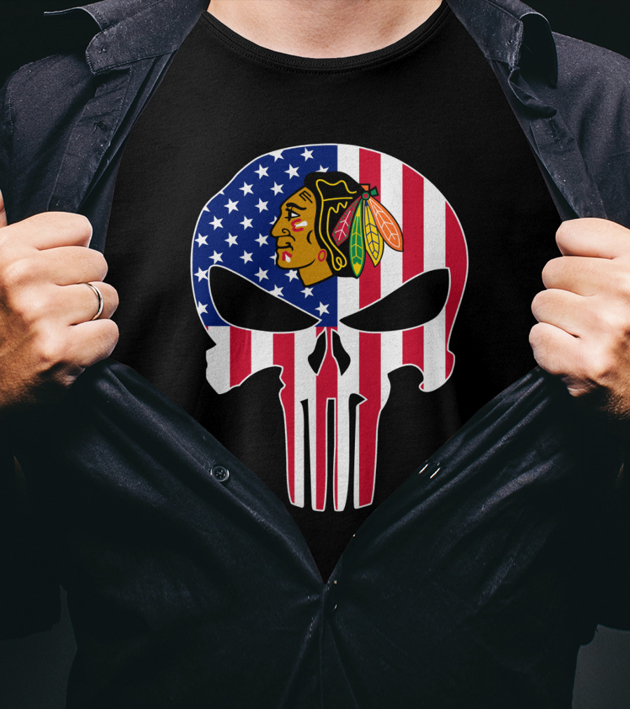 Chicago Blackhawks Punisher Skull American Flag T-Shirt