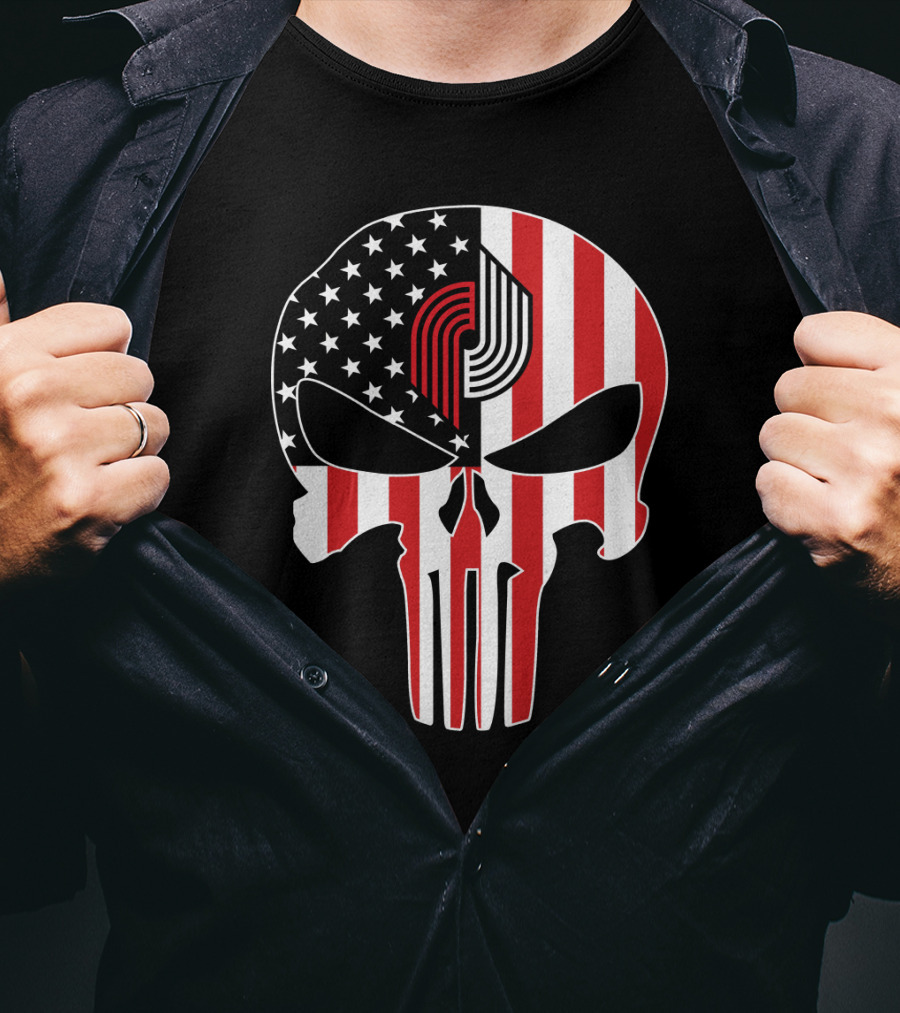 Portland Trail Blazers Punisher American Flag Skull T-Shirt