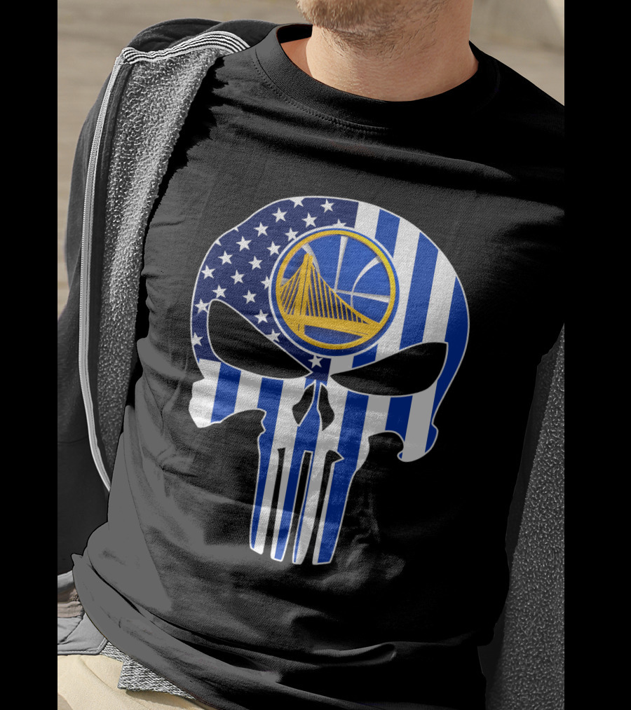 Golden State Warriors Skull Blue American Flag T-Shirt