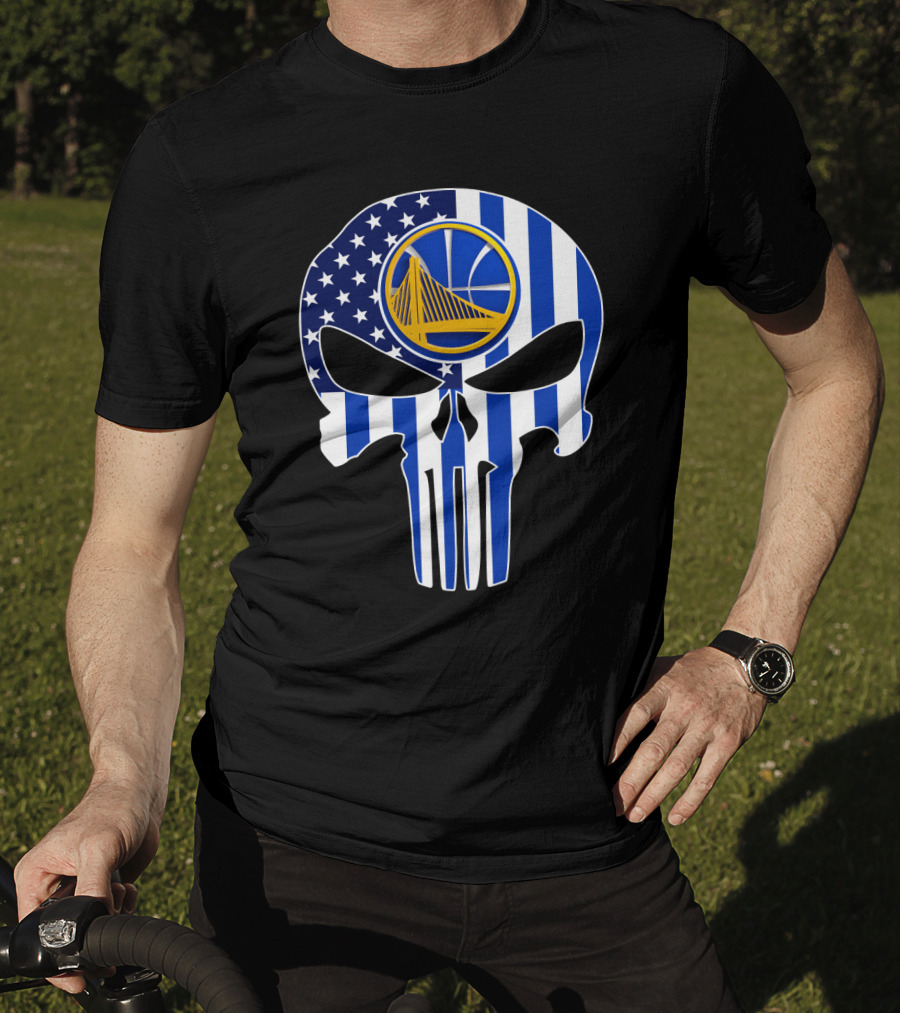 Golden State Warriors Skull Blue American Flag T-Shirt