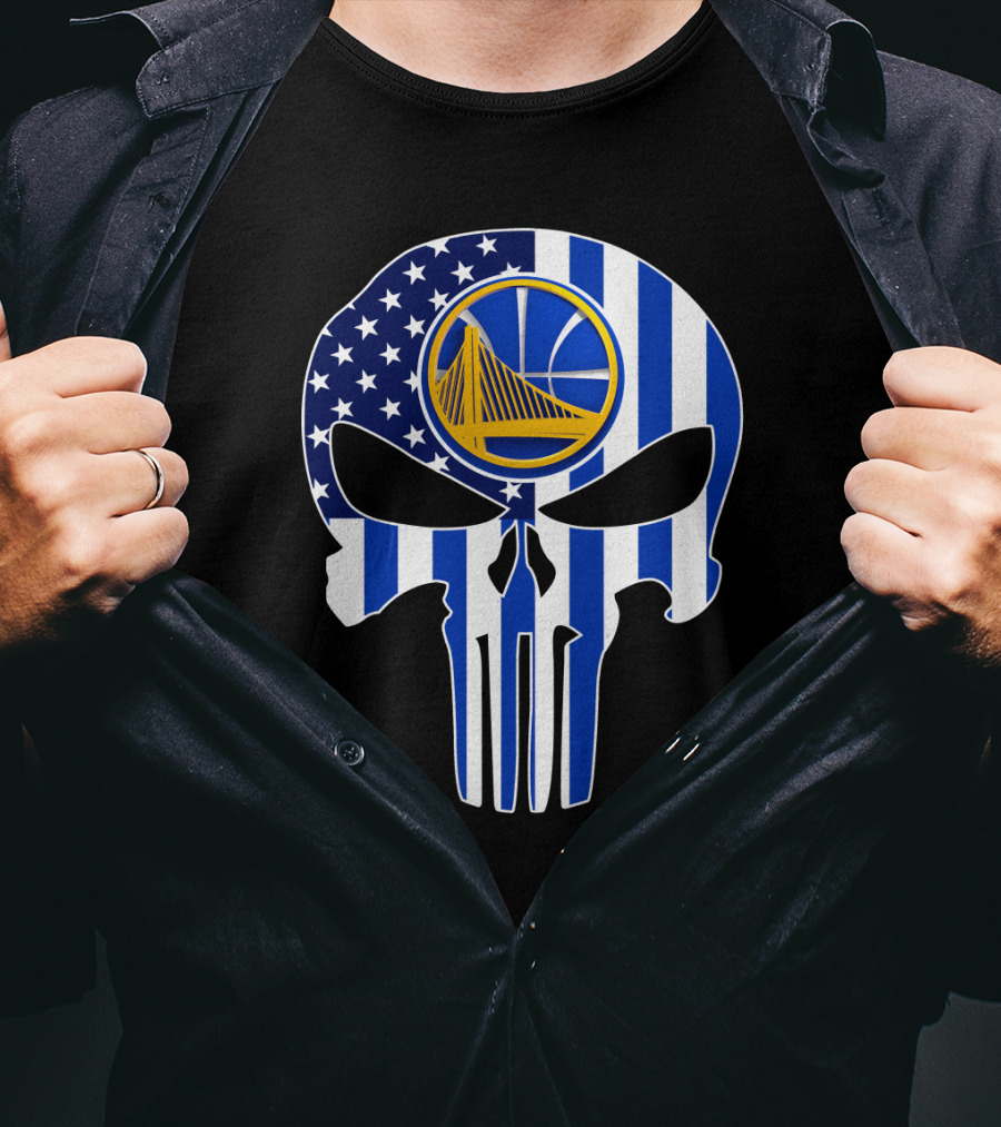 Golden State Warriors Skull Blue American Flag T-Shirt