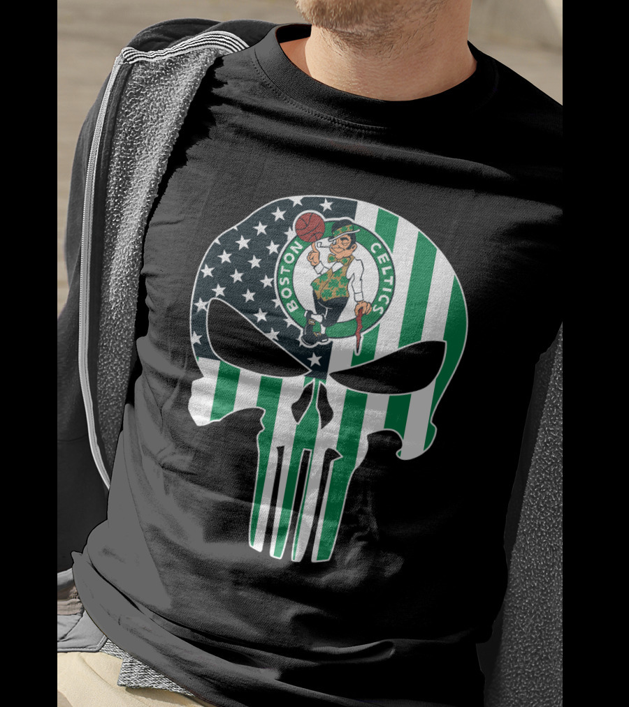 Boston Celtics American Flag Punisher Skull T-Shirt
