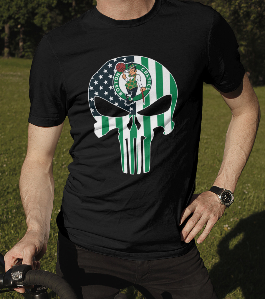 Boston Celtics American Flag Punisher Skull T-Shirt
