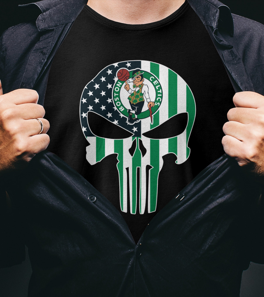 Boston Celtics American Flag Punisher Skull T-Shirt