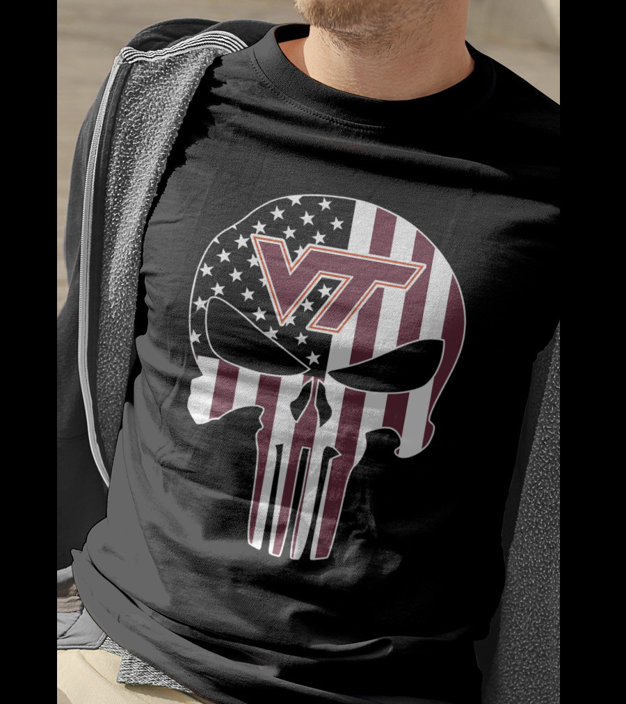 Virginia Tech Hokies Vt American Flag Skull T-Shirt