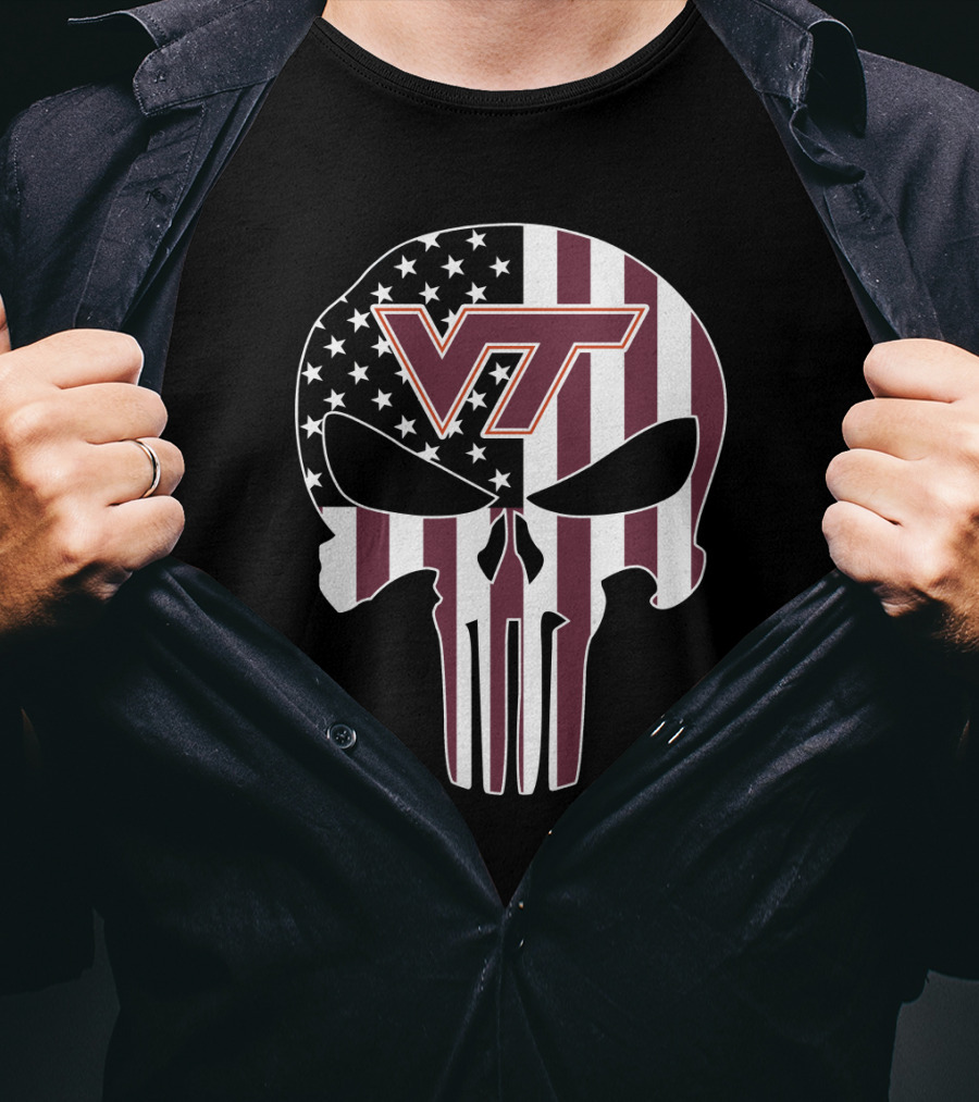 Virginia Tech Hokies Vt American Flag Skull T-Shirt