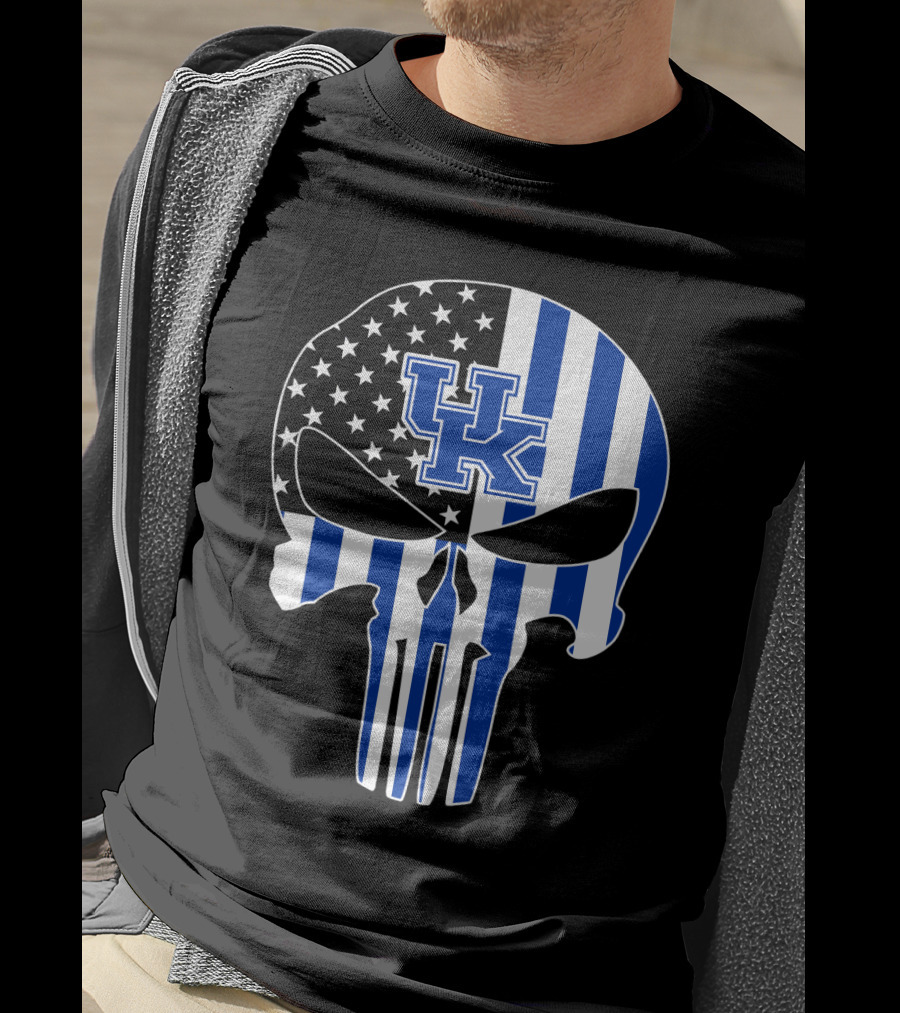 Uk Wildcats Punisher Skull American Flag Blue Stripes T-Shirt