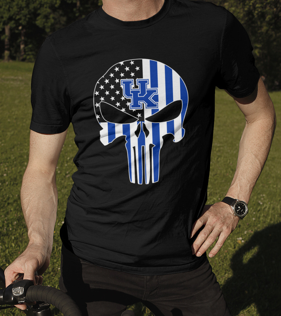 Uk Wildcats Punisher Skull American Flag Blue Stripes T-Shirt