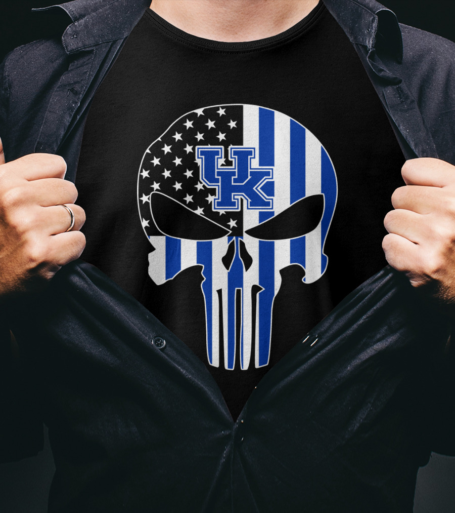 Uk Wildcats Punisher Skull American Flag Blue Stripes T-Shirt