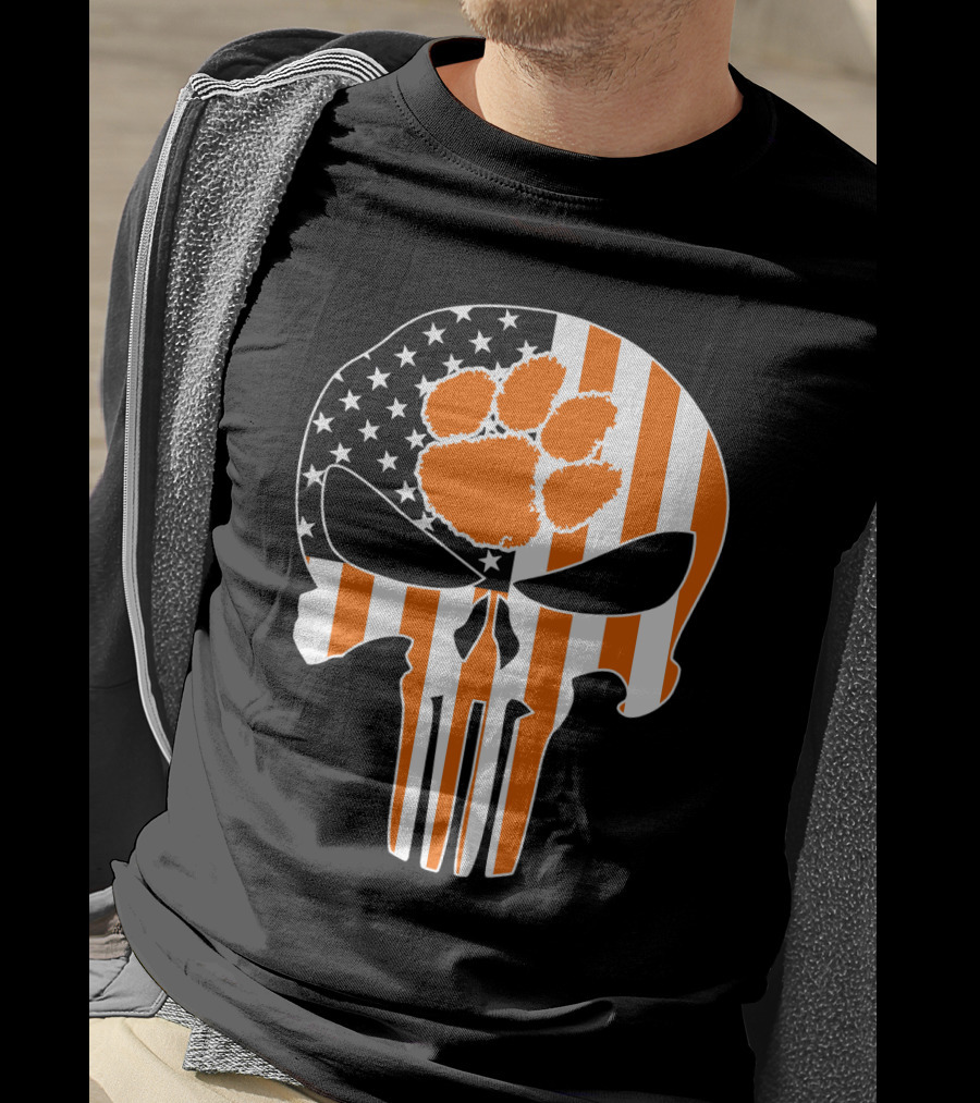 Clemson Tigers Paw Skull American Flag T-Shirt