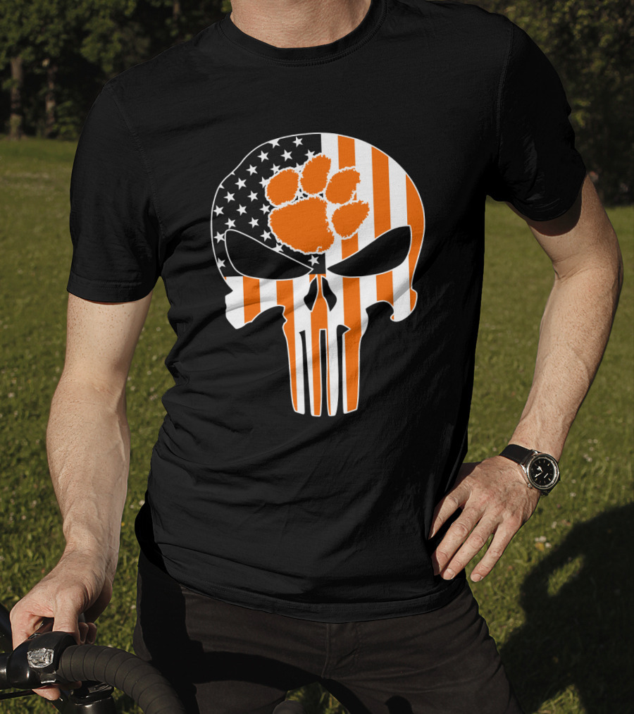Clemson Tigers Paw Skull American Flag T-Shirt