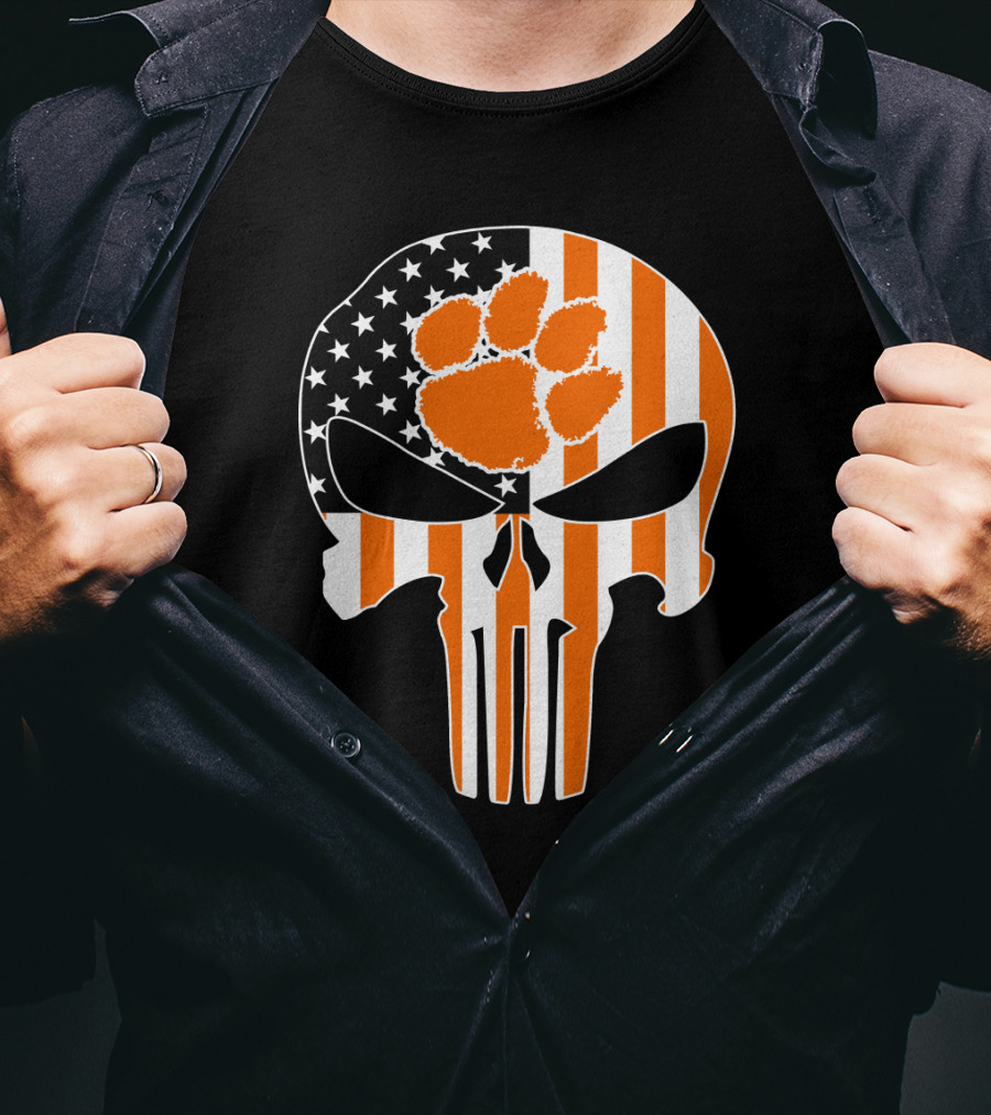 Clemson Tigers Paw Skull American Flag T-Shirt
