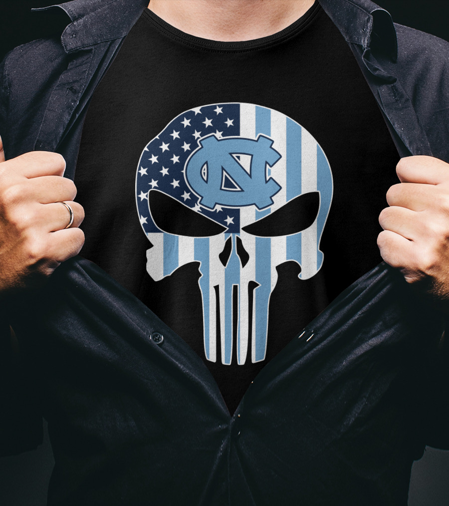 North Carolina Tar Heels Skull American Flag T-Shirt
