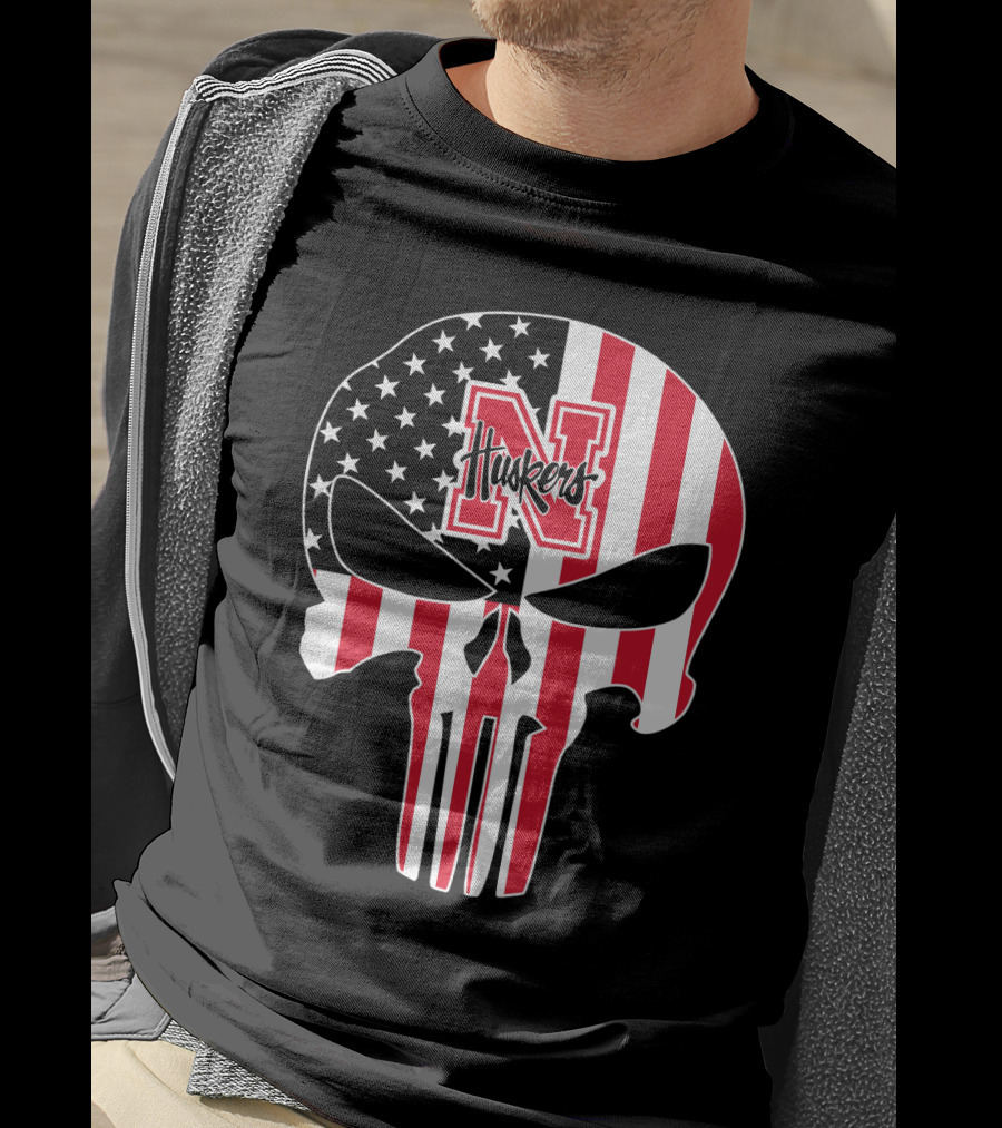 Nebraska Cornhuskers American Flag Skull Punisher T-Shirt