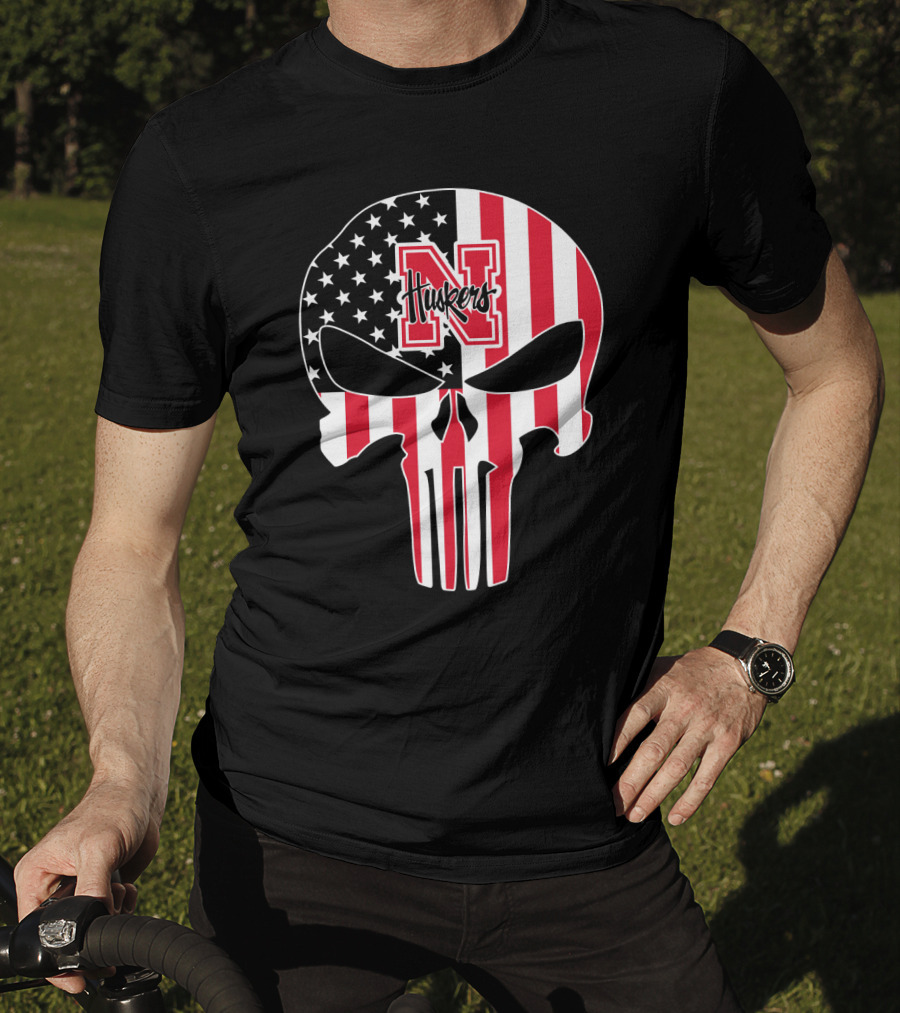 Nebraska Cornhuskers American Flag Skull Punisher T-Shirt