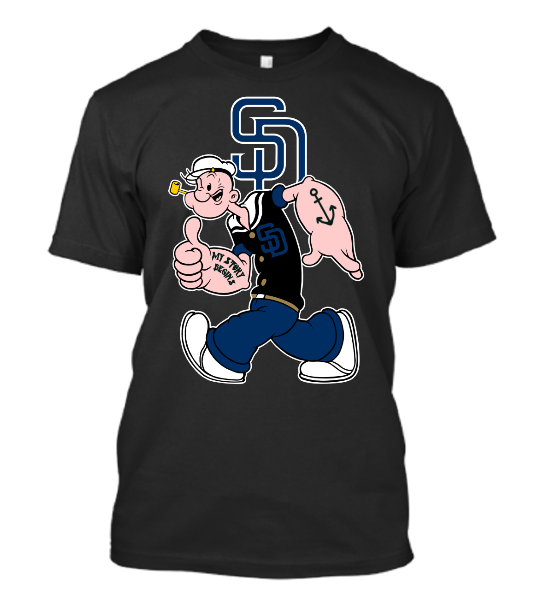 San Diego Padres Popeye Character With Sd Logo And Anchor Tattoo T-Shirt