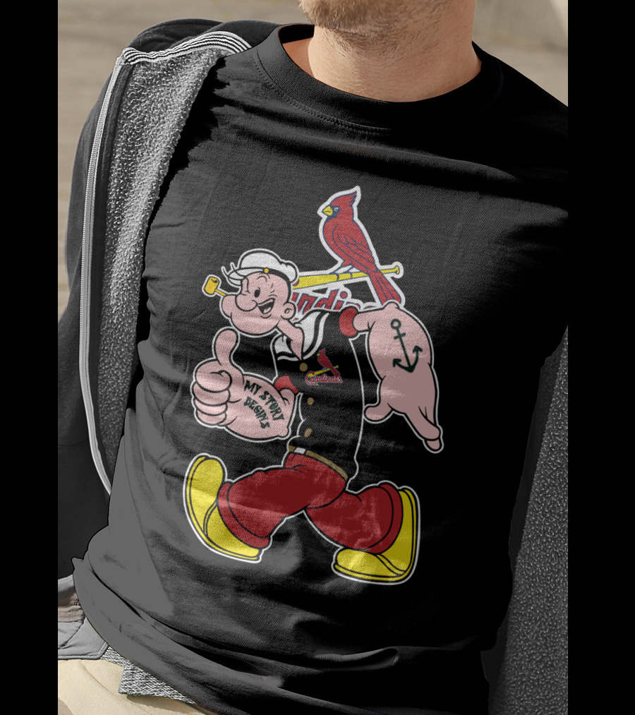 Popeye Thumbs Up With St. Louis Cardinals Logo And Cardinal Bird On Bat T-Shirt