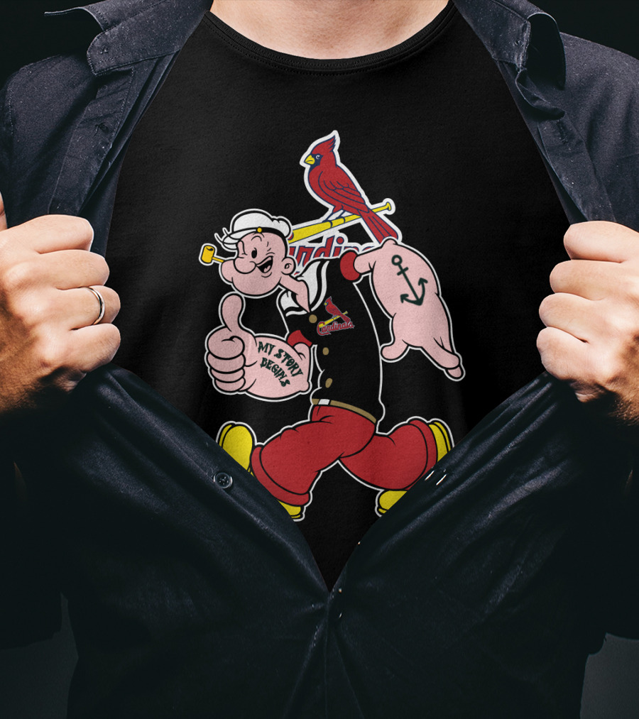 Popeye Thumbs Up With St. Louis Cardinals Logo And Cardinal Bird On Bat T-Shirt