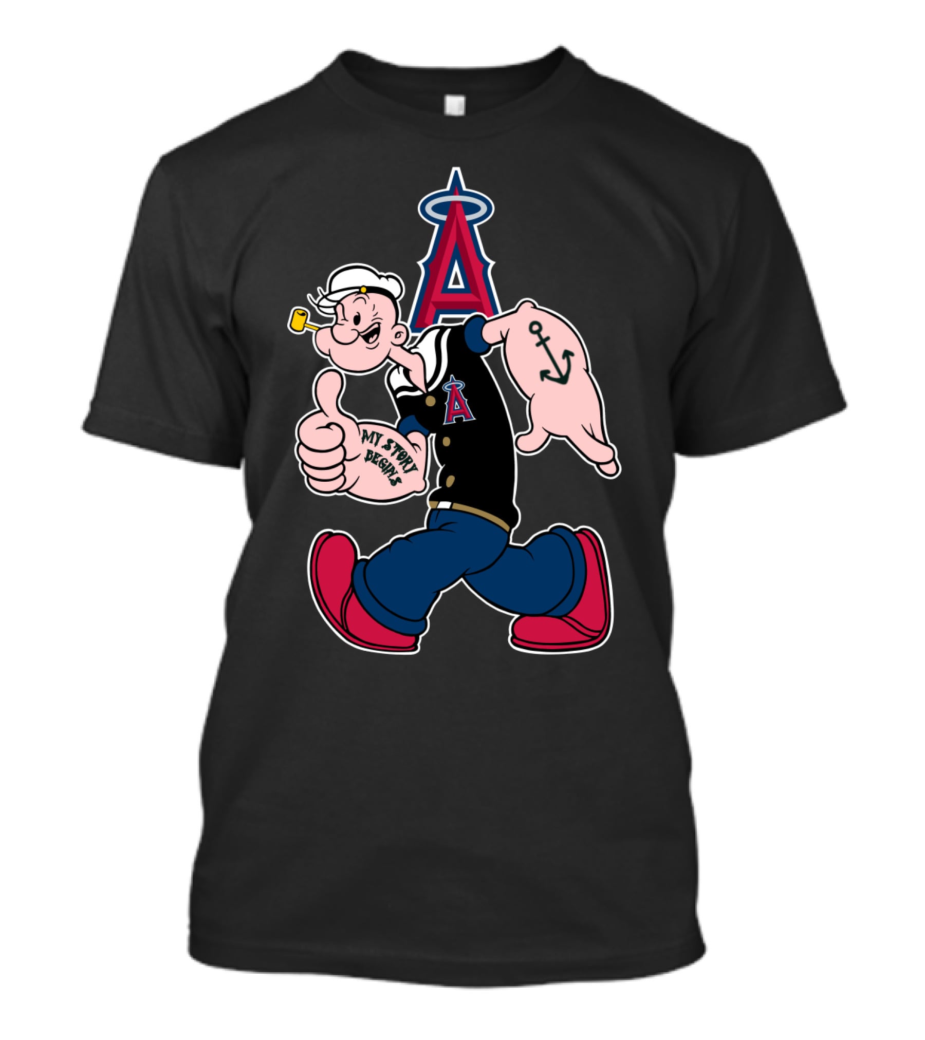 Popeye Thumbs Up Los Angeles Angels Mlb Collaboration With My Story Begins Anchor Tattoo T-Shirt